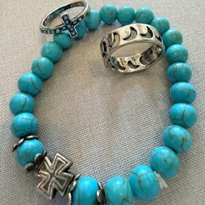 Faux Turquoise Beaded Bracelet + Cross Ring (Size 8) + Moon Ring (Size 7) Set
